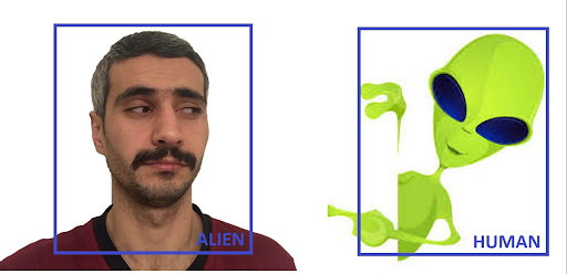 Yanlış etiketlenmiş verilerin en belirgin örneklerinden birisi: solda insan bulunuyor ve algoritmanın da onu insan algılaması gerekirken veri yüzünden fotoğrafı uzaylı olarak algılıyor.