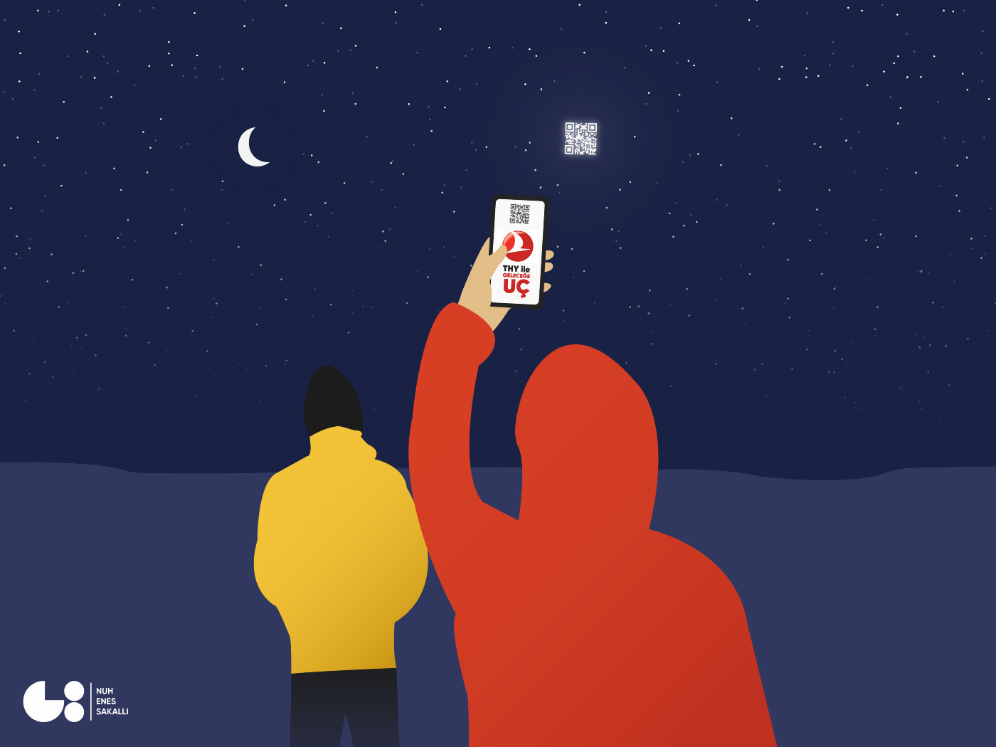 Telefonu ile uzaydaki QR kodu okutan bir genç telefonunda Türk Hava Yolları reklamı görüyor uzay reklamcılığı örneği