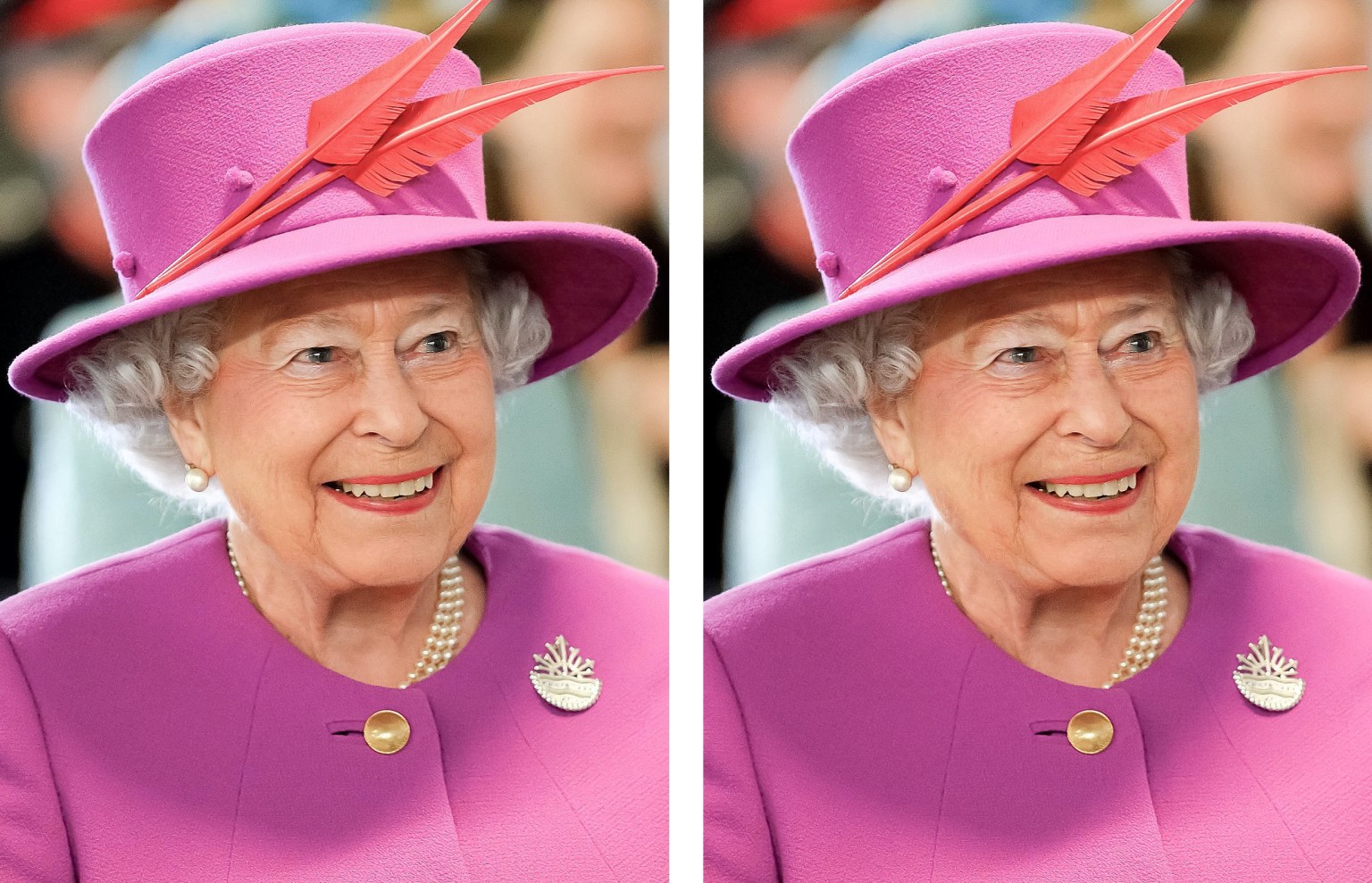 Kraliçe Elizabeth II’nin solda orijinal ve sağda Fawkes üzerinden paylaşılmış fotoğrafı.